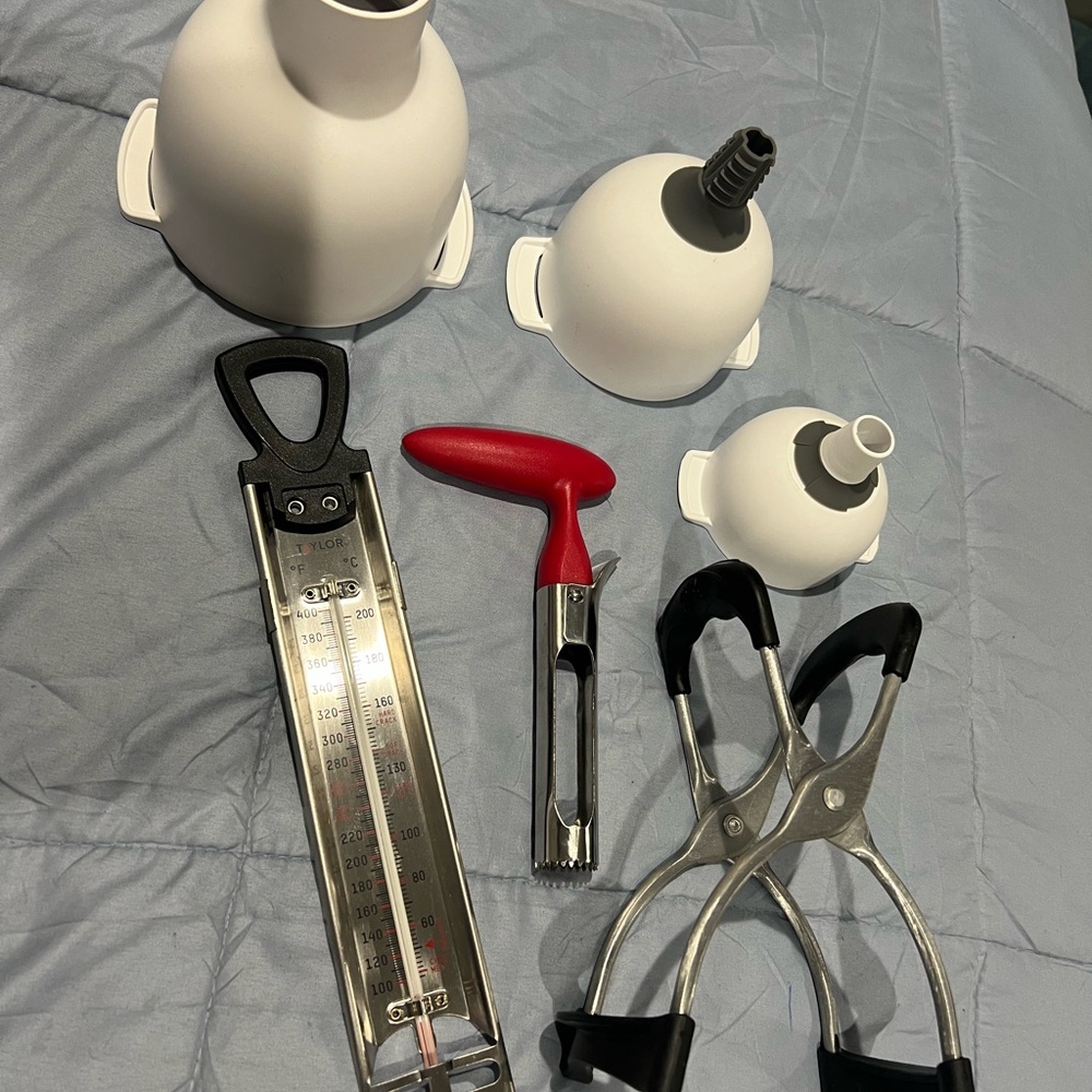 Assorted Kitchen Tools Set with White Funnels, thermometer, jar lifter and corer
